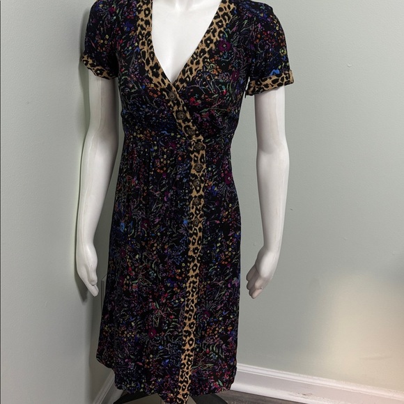 ANTHROPOLOGIE Maeve Morgan Black Floral + Leopard Print V-Neck Dress size 0 - Picture 7 of 10